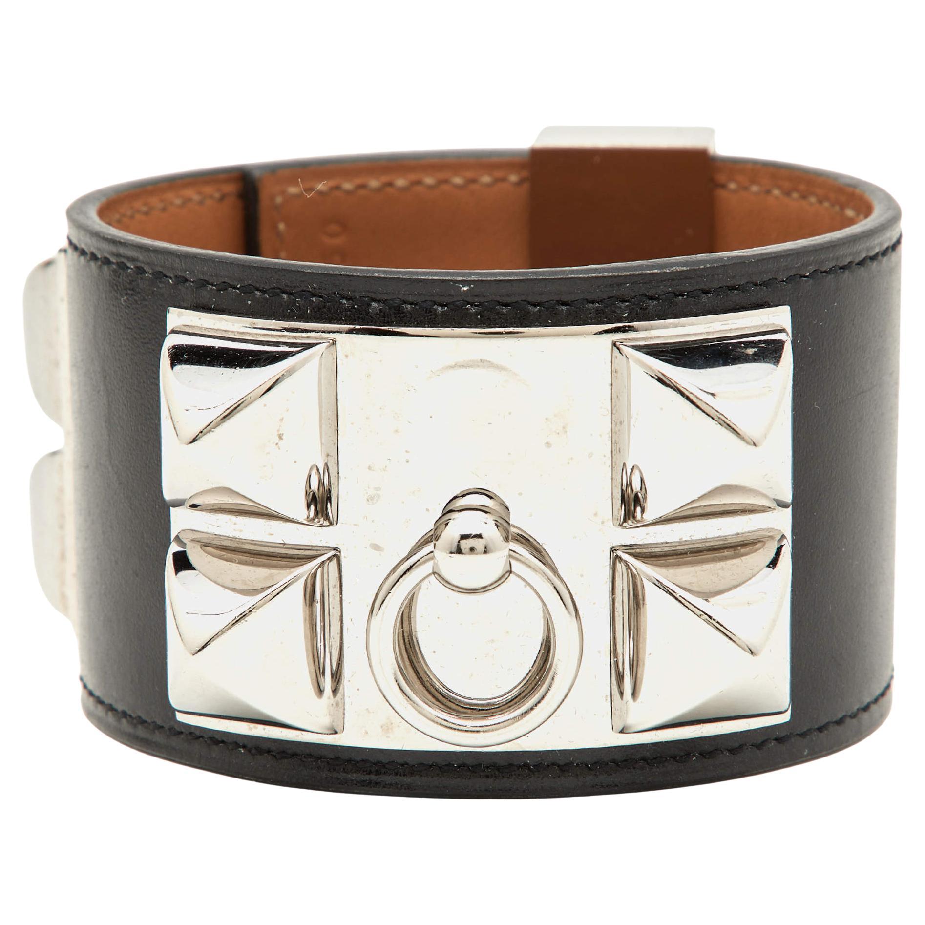 Hermes Collier De Chien Black Leather Palladium Plated Wide Cuff Bracelet S For Sale