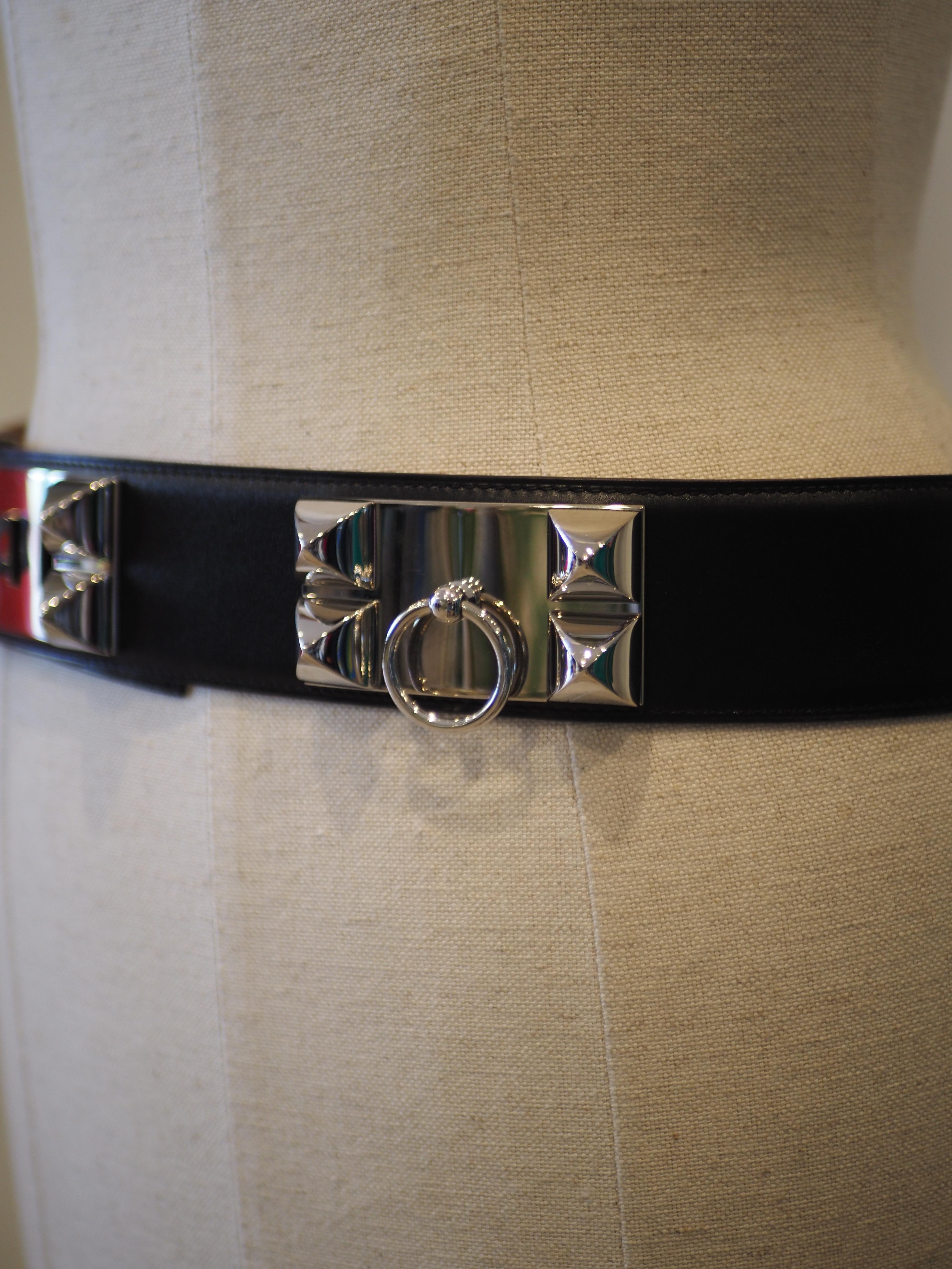 Women's or Men's Hermès collier de chien black leather silver hardware belt