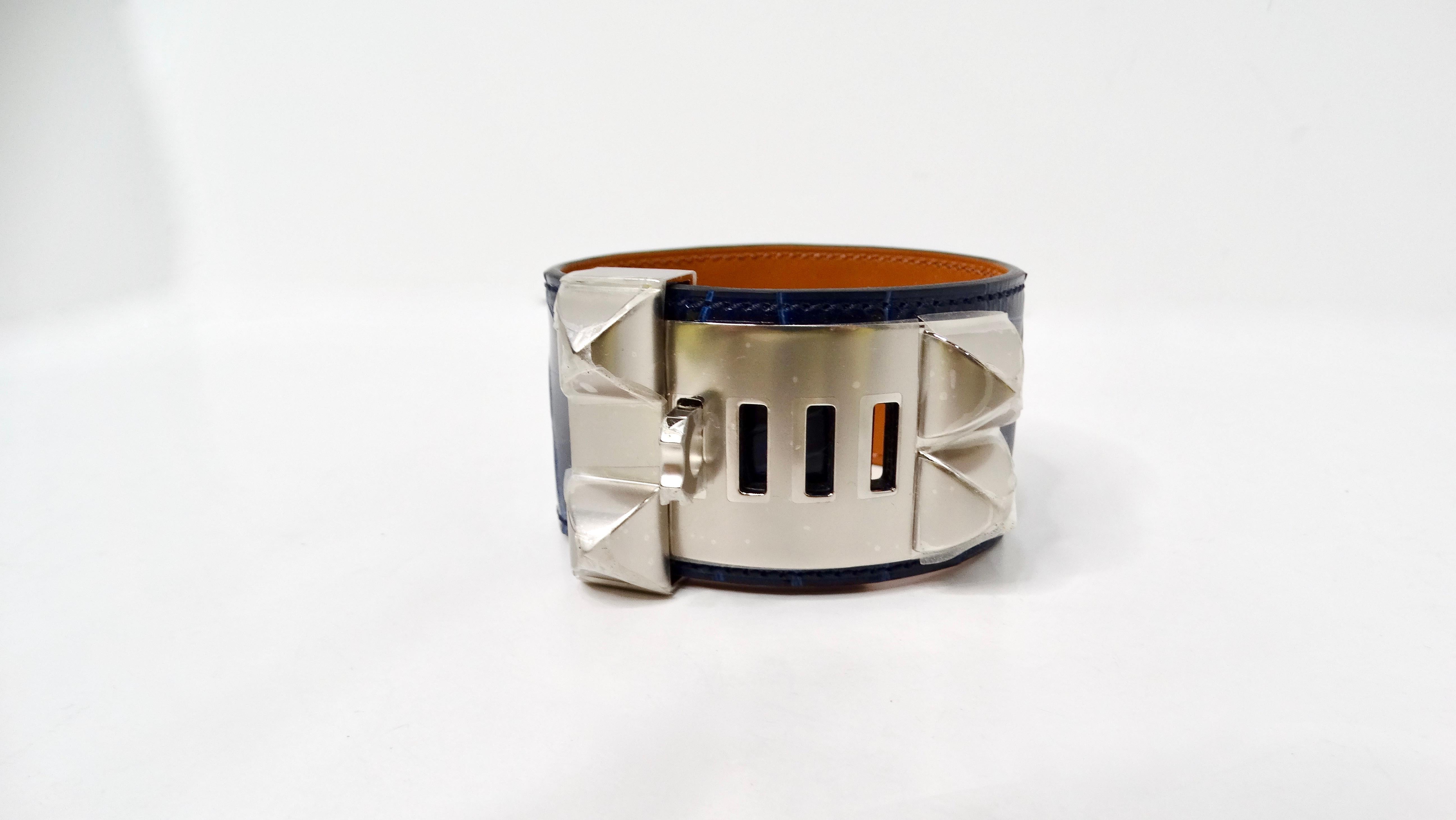 Hermes Collier De Chien Bleu Saphir Palladium Plated Alligator Cuff Bracelet Bon état à Scottsdale, AZ