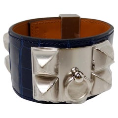 Hermes Collier De Chien Bleu Saphir Palladium Plated Alligator Cuff Bracelet