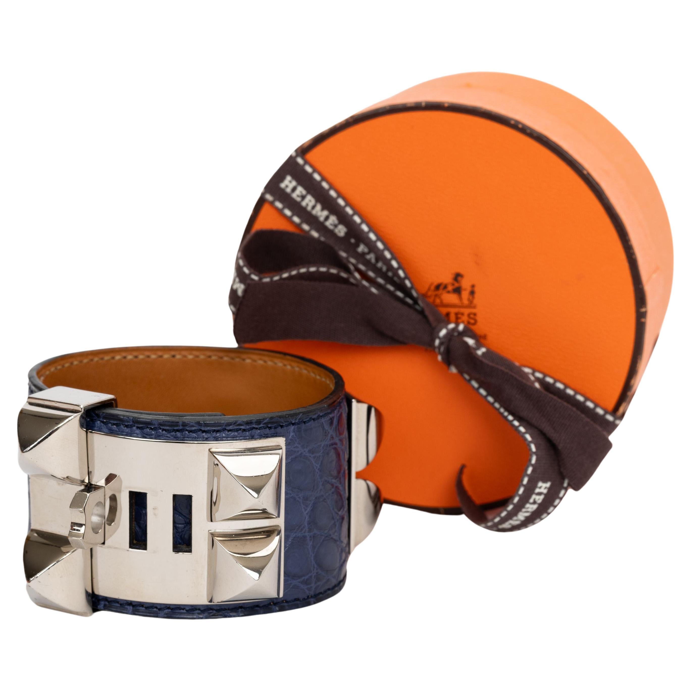 Hermes Collier De Chien Alligator Bleu en vente