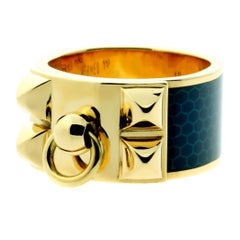 Hermes Collier De Chien Blue Enamel 18k Yellow Gold Ring Sz 6