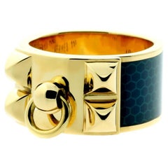 Hermes Collier De Chien Blue Enamel 18k Yellow Gold Ring Sz 6