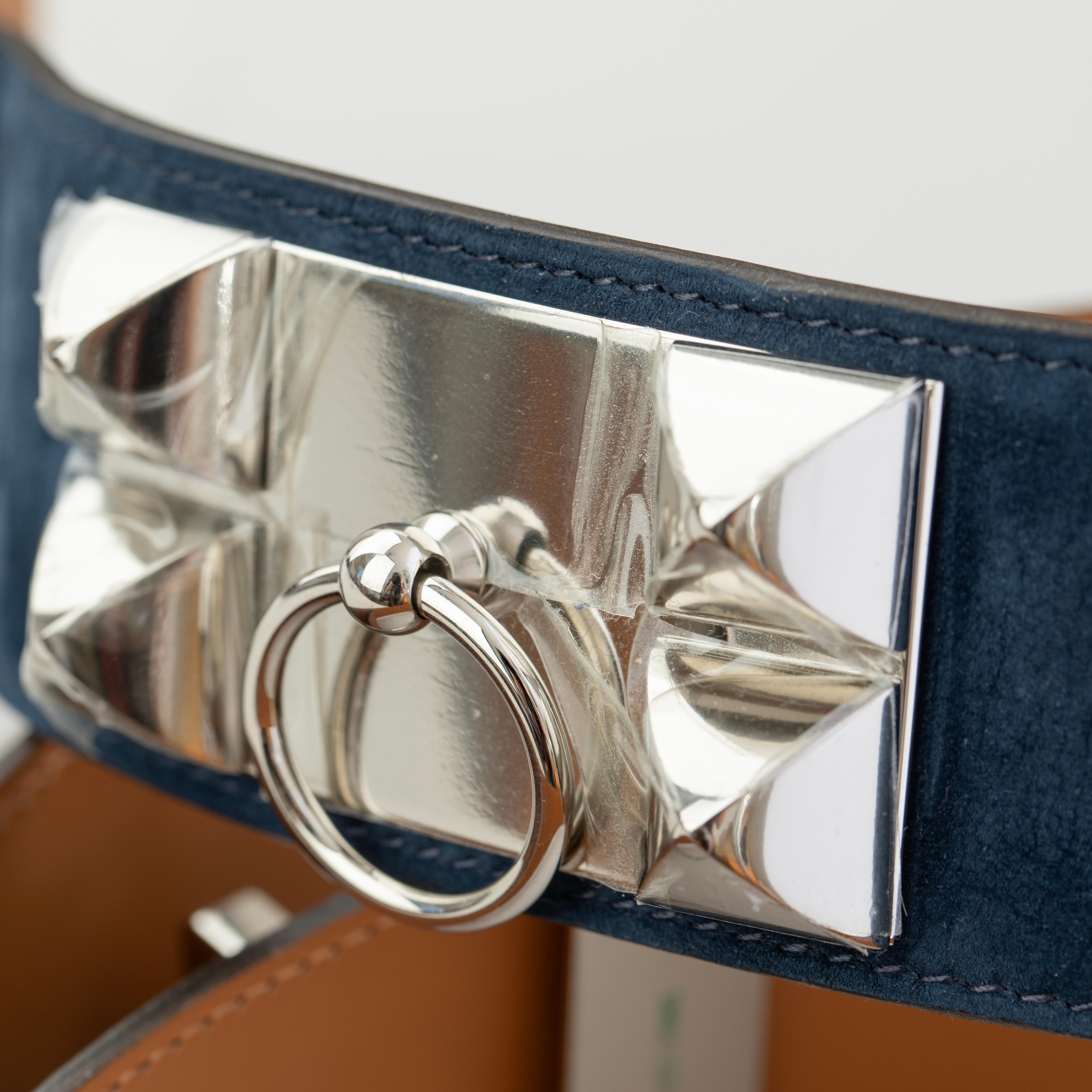 Hermes Collier De Chien Blue Indigo Suede Leather Medor Belt Palladium Hardware In New Condition For Sale In Sydney, New South Wales