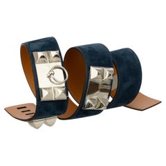 Hermes Collier De Chien Blue Indigo Suede Leather Medor Belt Palladium Hardware