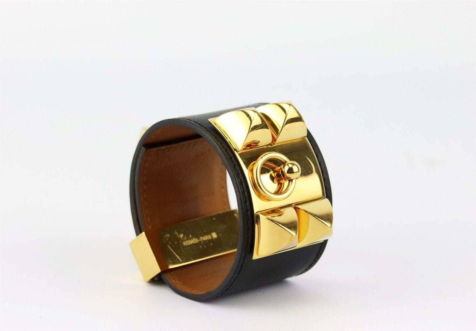 HERMÈS Hermes Collier de Chien Box Calfskin Leather Bracelet Cuff  Black Noir 