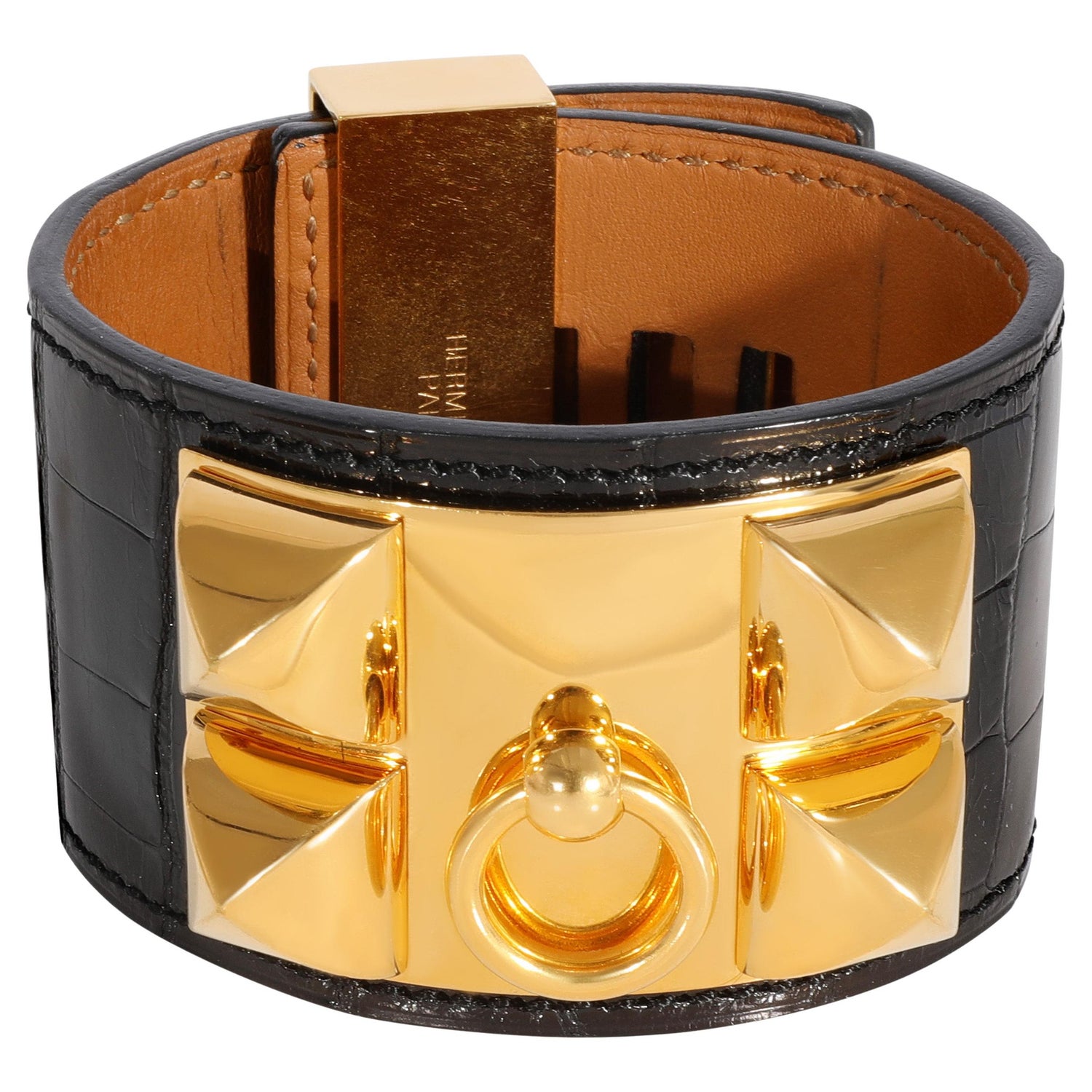 Hermes Cuff Collier De Chien Snakeskin Gold Plated Brown in