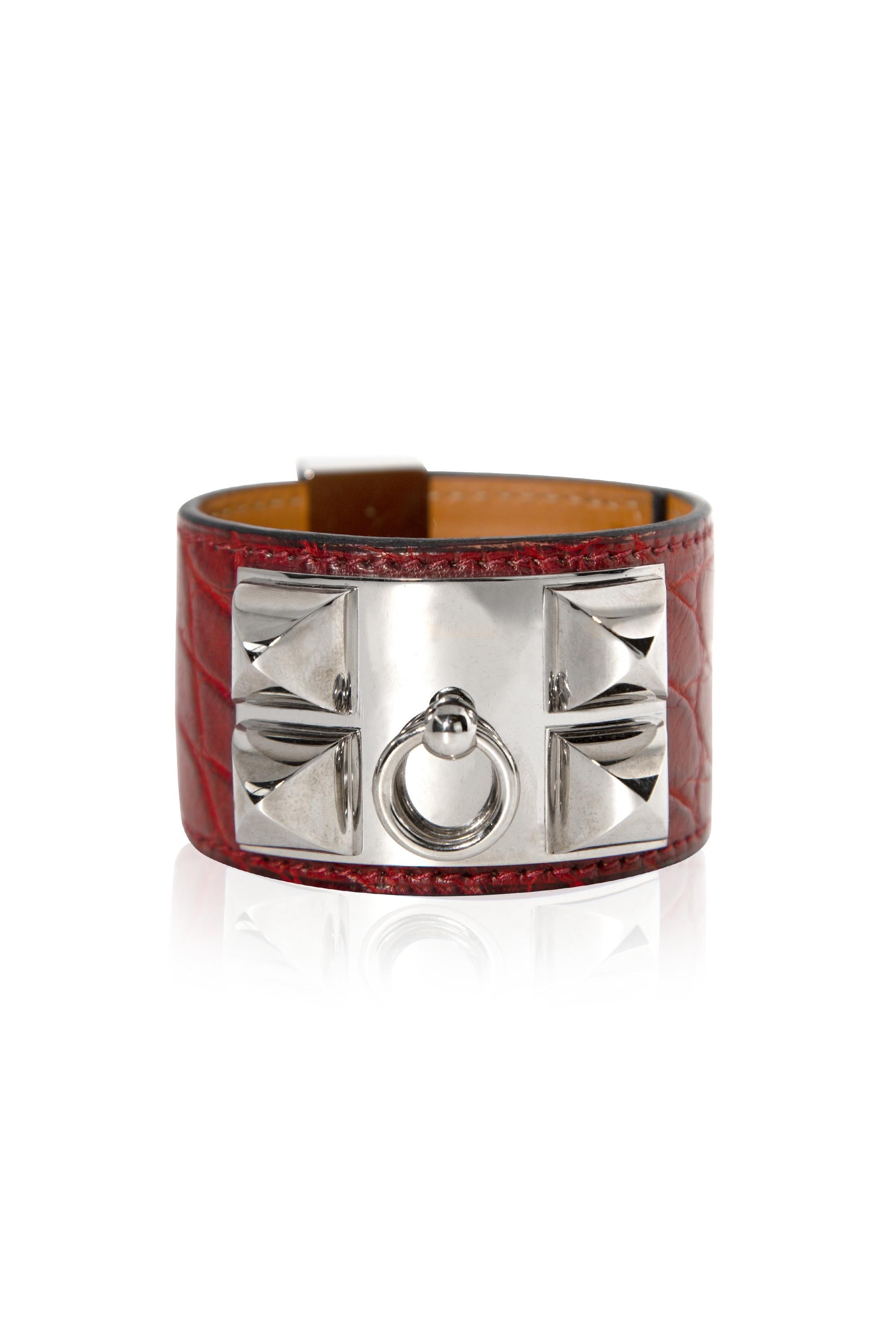 Hermès Collier de Chien Bracelet Burgundy Exotic Leather PHW In Excellent Condition For Sale In London, GB
