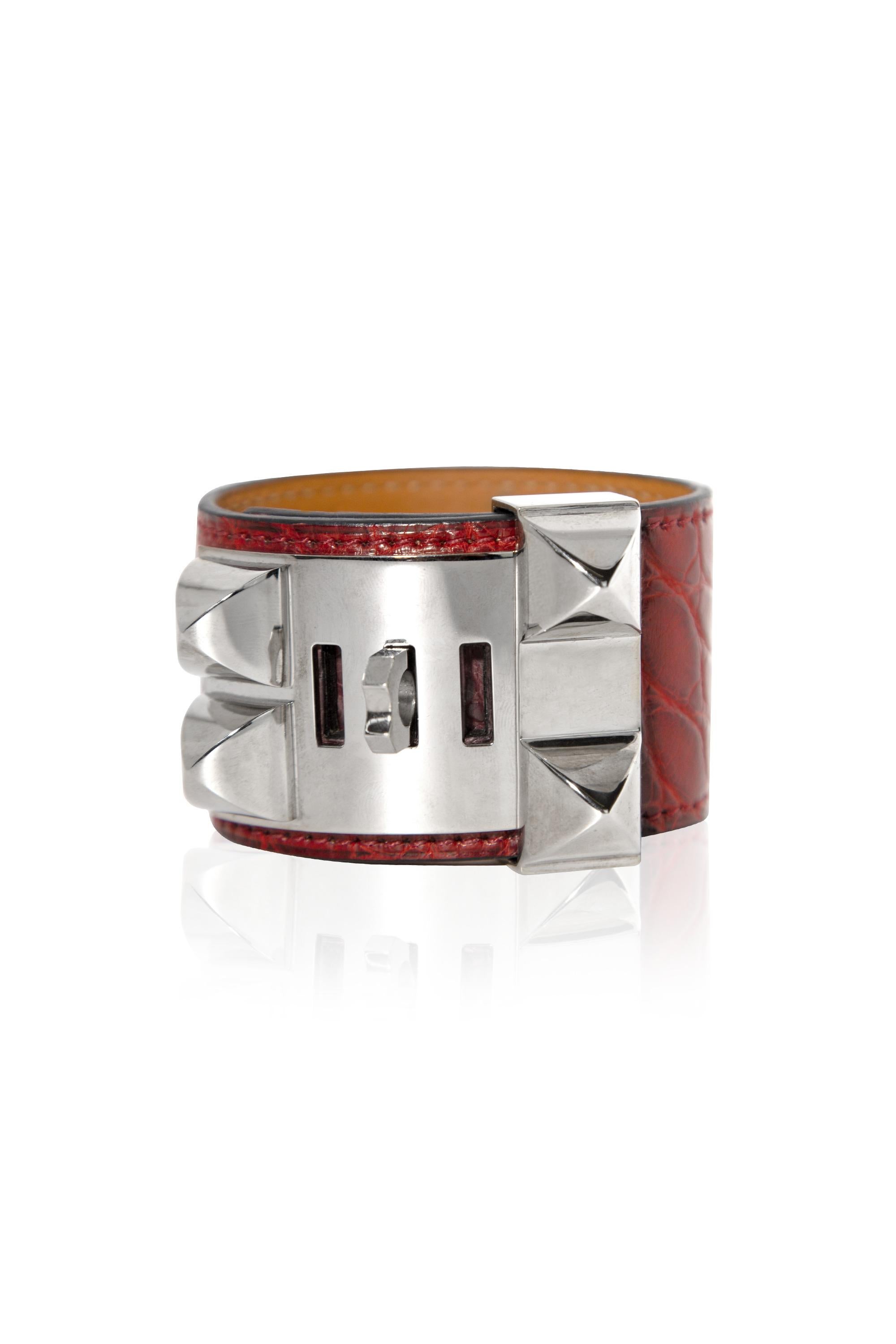 Hermès Bracelet Collier de Chien Cuir Exotique Bourgogne PHW Unisexe en vente