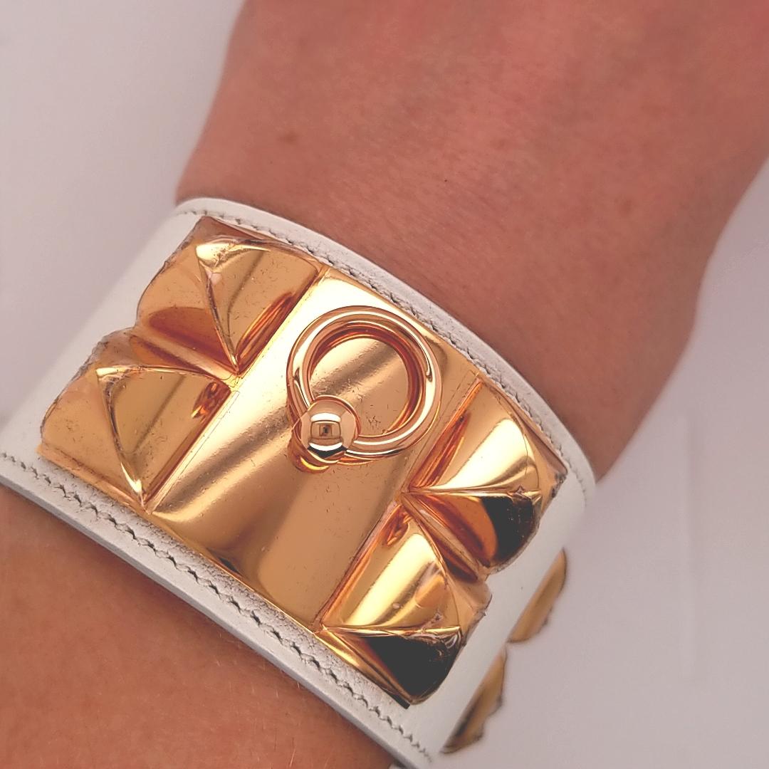 Hermès Collier de Chien Bracelet White Swift Calfskin Gold-Plated Hardware In Excellent Condition In Boca Raton, FL