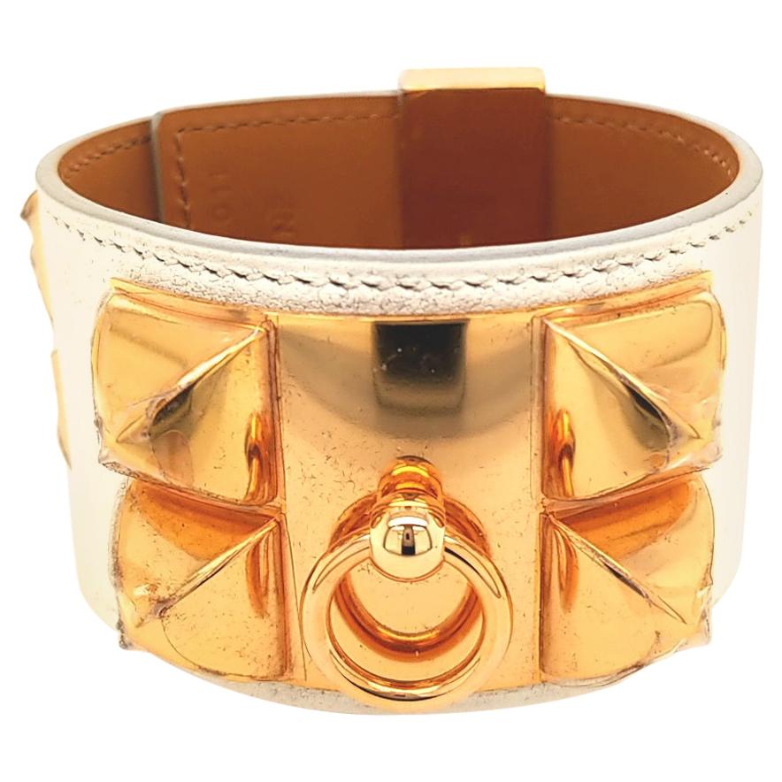 Hermès Collier de Chien Bracelet White Swift Calfskin Gold-Plated Hardware