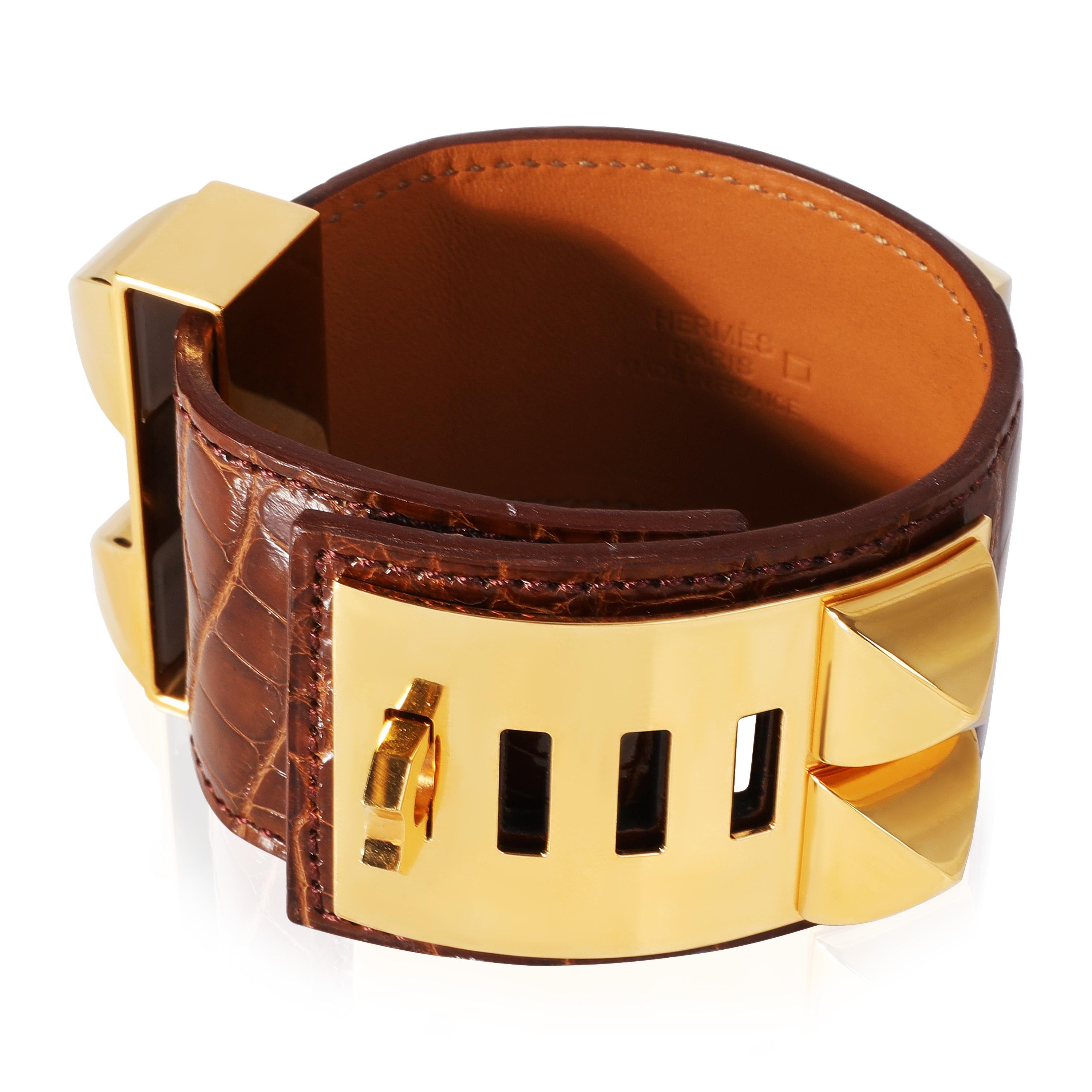 Hermes Collier De Chien Brown Leather Gold Tone Cuff

PRIMARY DETAILS
SKU: 120288
Listing Title: Hermes Collier De Chien Brown Leather Gold Tone Cuff
Condition Description: Retails for 2125 USD. In excellent condition. Length is adjustable.
Brand: