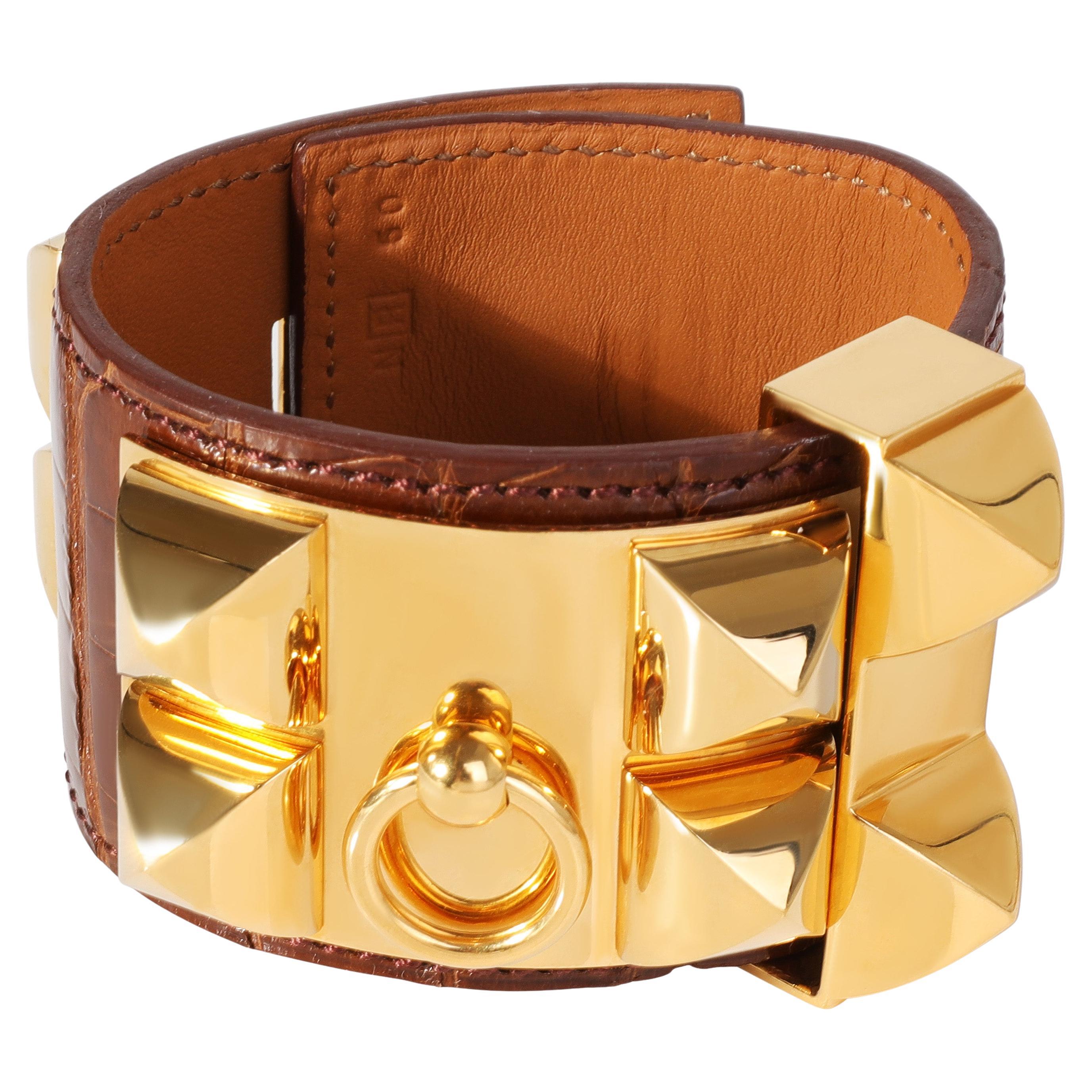 Hermes Collier De Chien Brown Leather Gold Tone Cuff For Sale