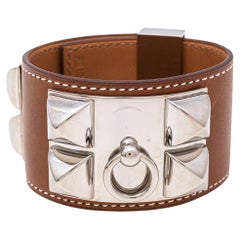 Hermes Collier De Chien Brown Leather Palladium Plated Metal Bracelet S