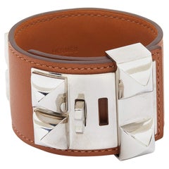 Hermès Collier de Chien Brown Leather Palladium Plated Wide Bracelet S