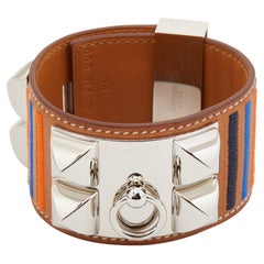 Hermes Collier De Chien Brown Leather Striped Palladium Plated Bracelet T2