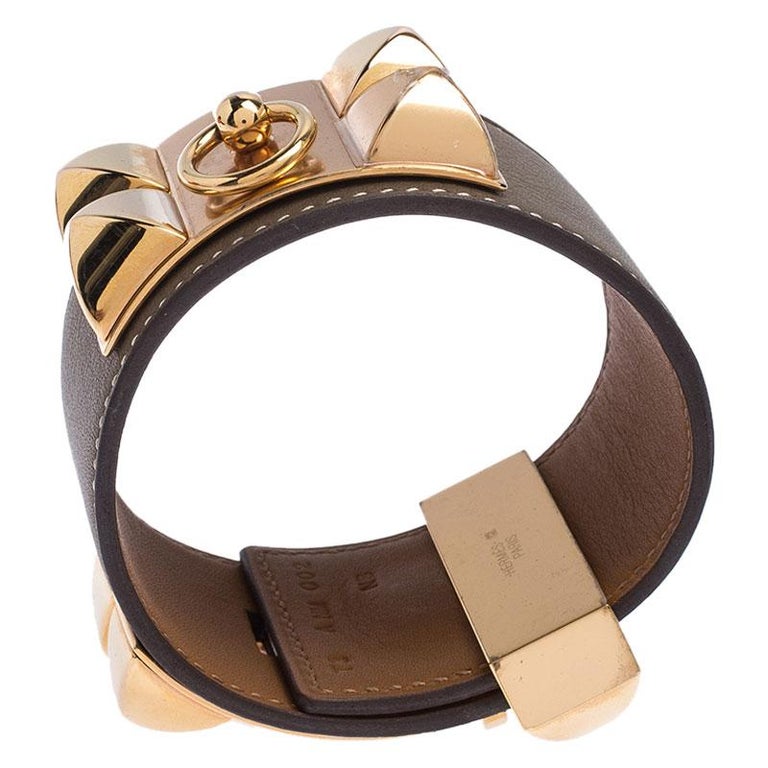 Hermès Collier de Chien Calfskin Olive Green Leather Gold Plated Bracelet  For Sale at 1stDibs