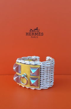 Hermès Collier de Chien CDC Medor Cuff Bracelet Wicker Osier Picnic Jaune Phw T2