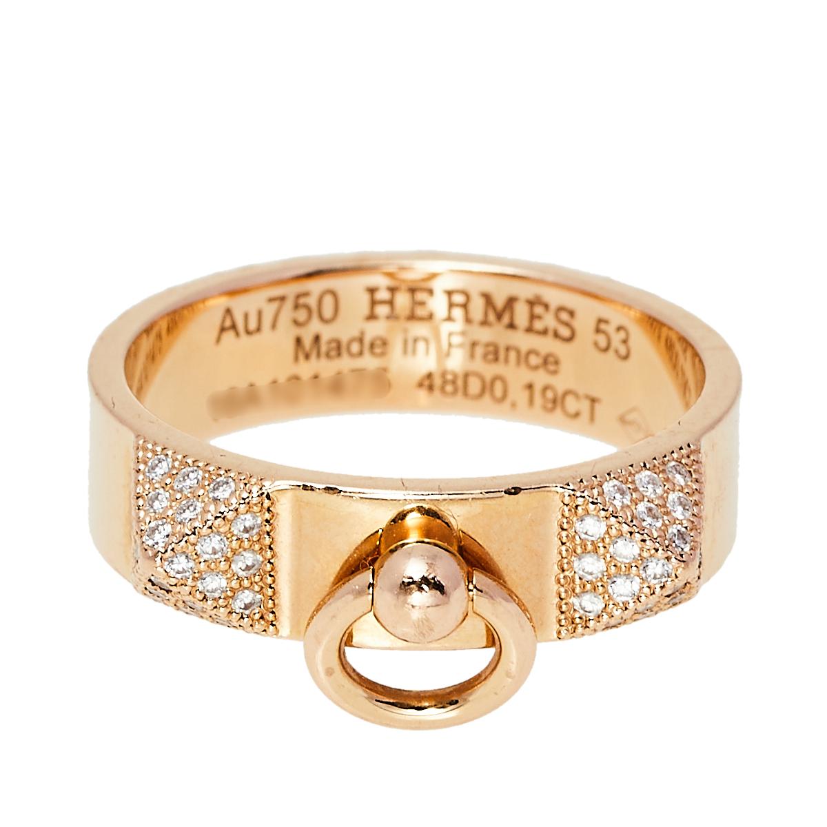 Hermes Collier De Chien Diamond 18K Rose Gold Band Rings Size 