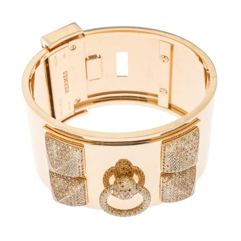 Hermès Collier de Chien Diamond 18k Rose Gold Large Cuff Bracelet For