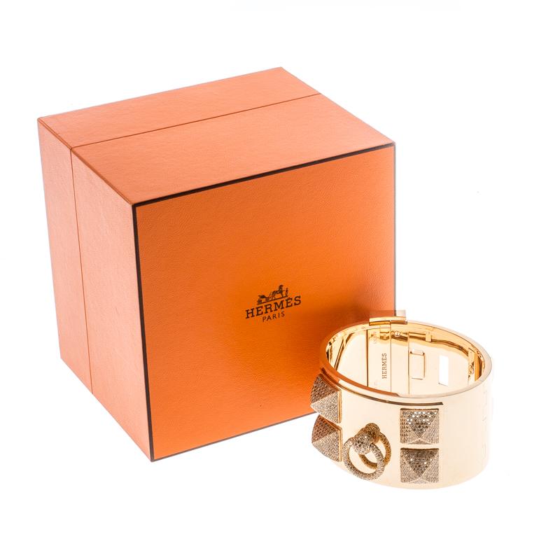 Hermès Collier de Chien Diamond 18k Rose Gold Large Cuff Bracelet In Good Condition In Dubai, Al Qouz 2