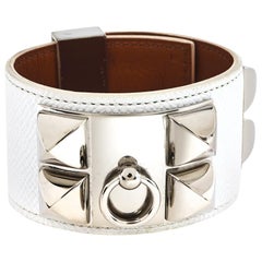 Hermes Collier De Chien Epsom Leather Palladium Plated Cuff Bracelet S