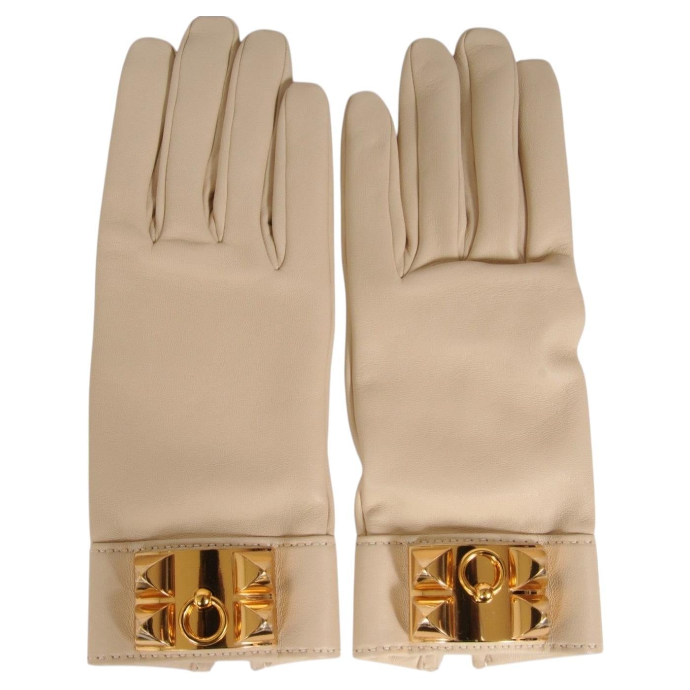 Hermes Hundehalsband „Gloves“, Größe 7,5, beige-weißes Lammleder, hellbraun