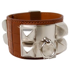 Bracciale in alligatore placcato palladio e marrone dorato di Hermes Collier De Chien