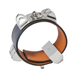 Hermes Collier De Chien Graphite Leather Palladium Plated Cuff Bracelet S