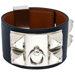 Hermes Collier De Chien Graphite Leather Palladium Plated Cuff Bracelet S