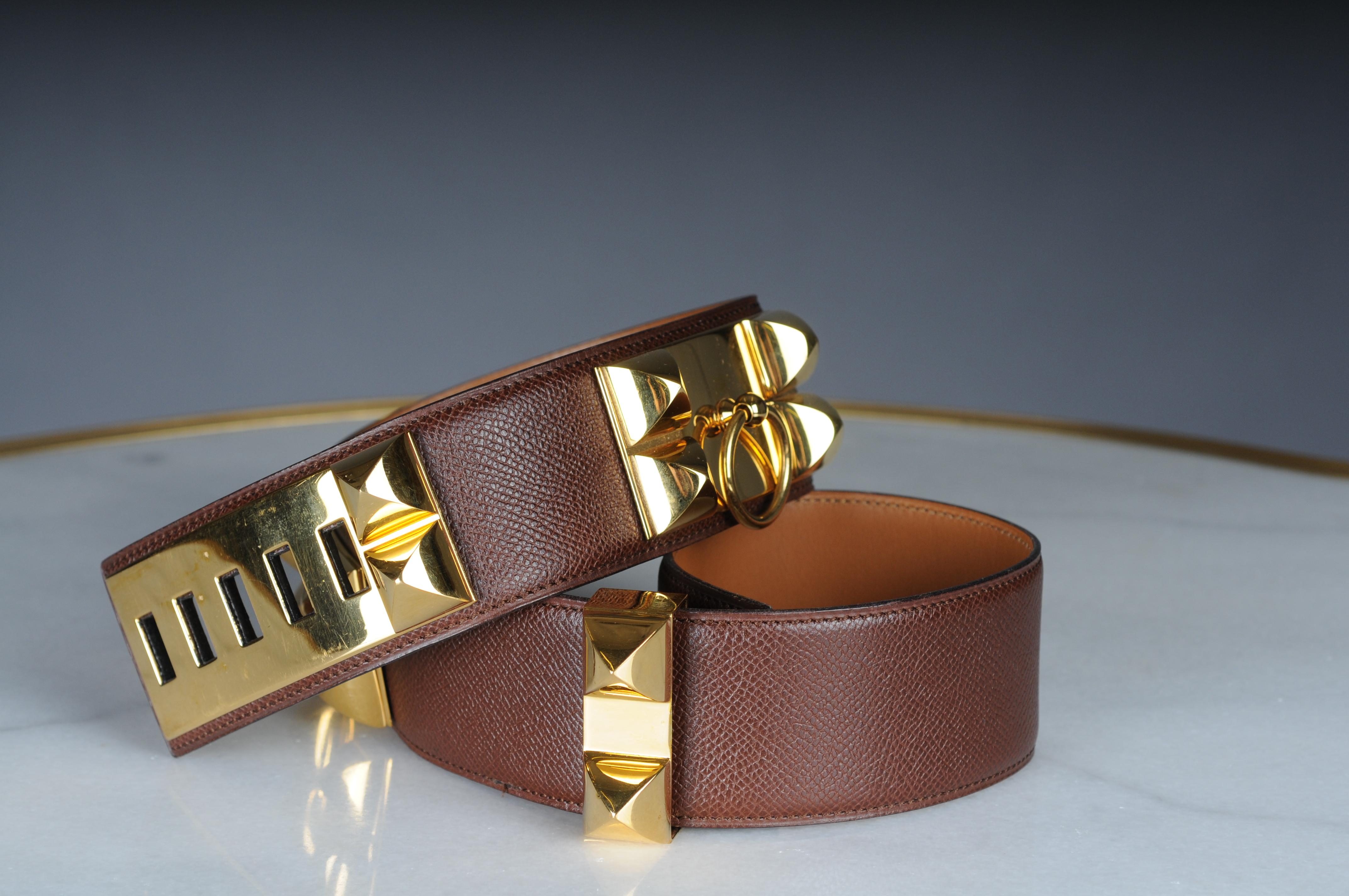 Beautiful vintage dog collar with belt made of gold leather from Hermès. Model: Dog Necklace Material: Leather Brown color Size 70 Gold plated metal 5 holes in total Width 4.7 cm Marks on leather Some marks on jewelry