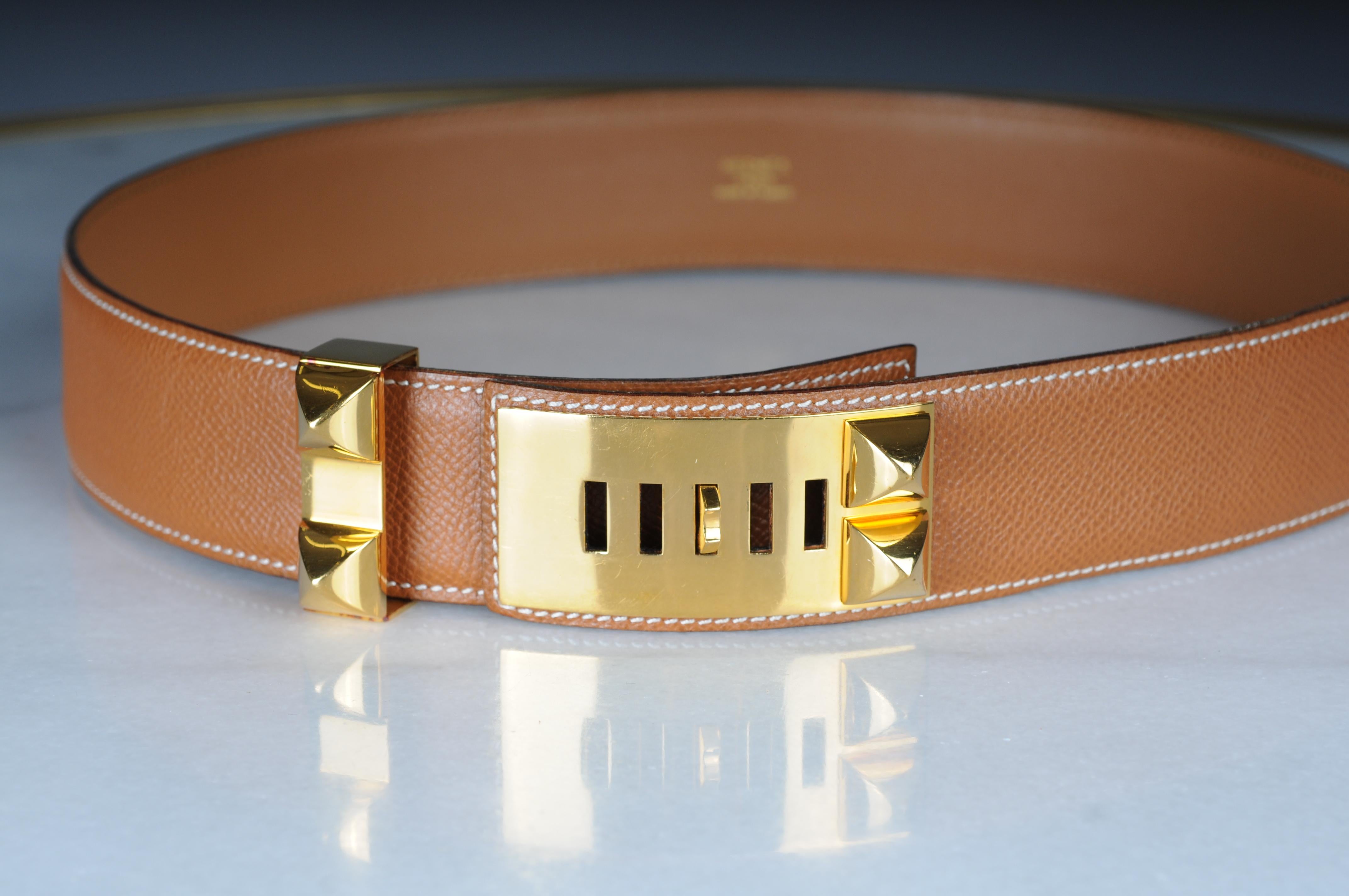 Hermes Collier de chien leather belt brown gold  In Fair Condition For Sale In 10707, DE