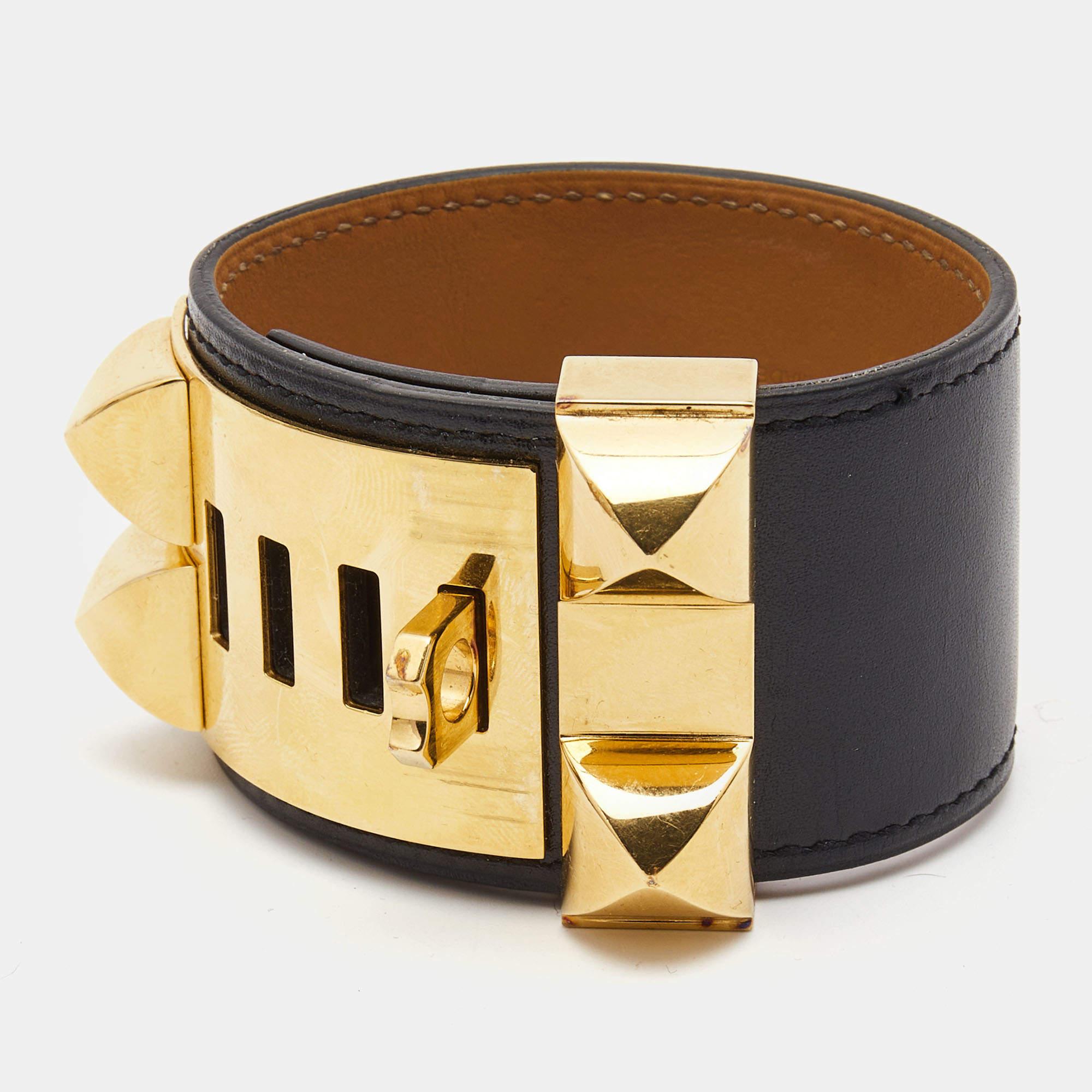 Hermes Collier de Chien Leather Gold Plated Bracelet In Good Condition In Dubai, Al Qouz 2