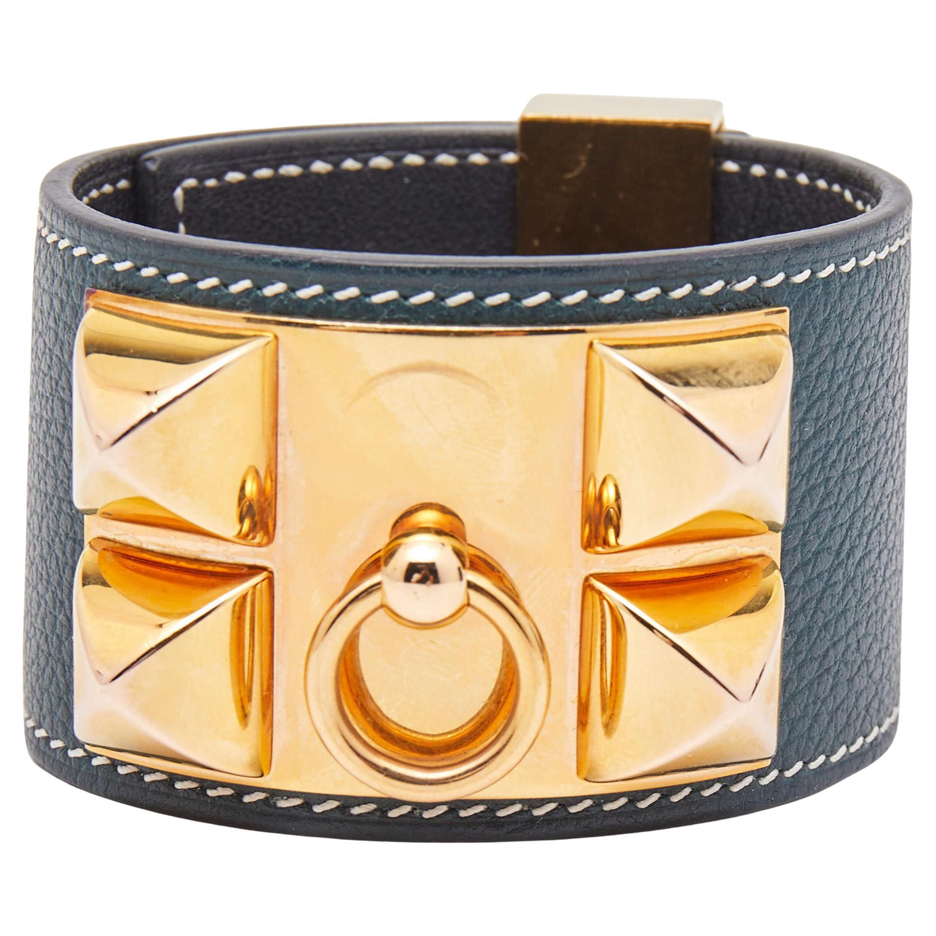 Hermes Collier de Chien Leather Gold Plated Cuff Bracelet