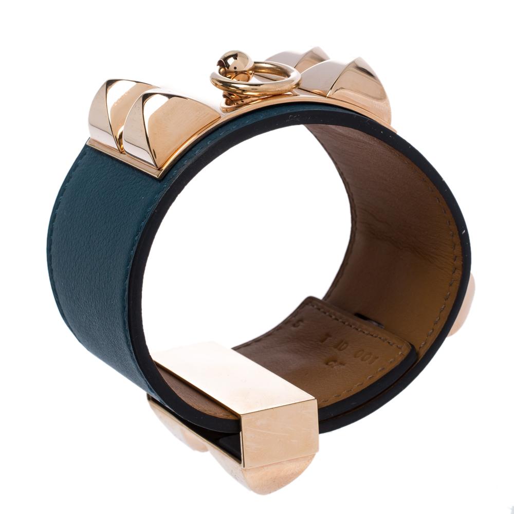 Contemporary Hermes Collier De Chien Malachite Green Leather Rose Gold Plated Cuff Bracelet