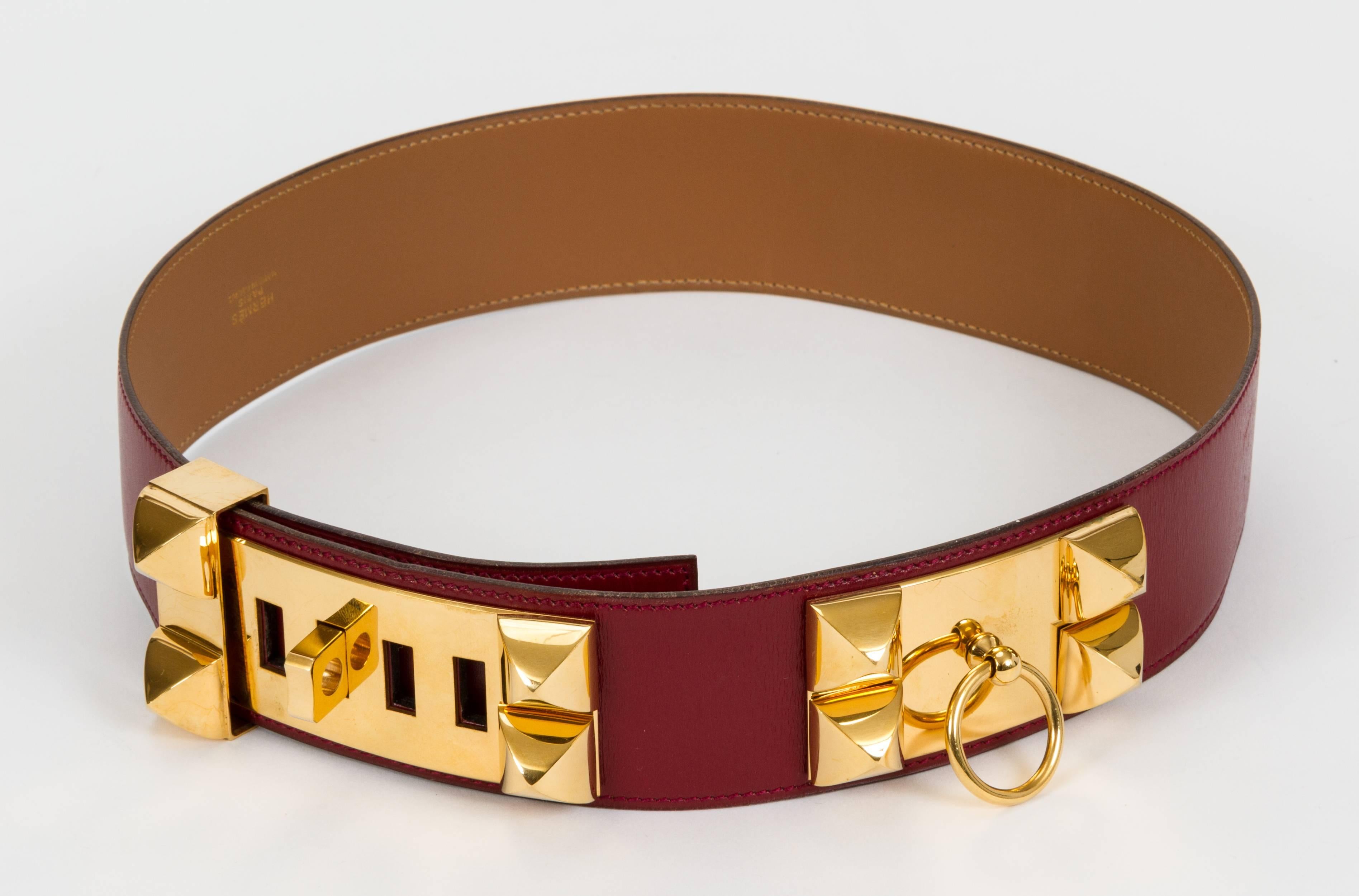 Hermès Collier de Chien box calf belt with goldtone hardware. Rouge H color. Stamp V for 1992. Size 70cm. Minor wear.