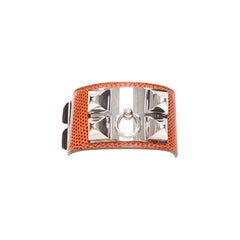 HERMES Hundehalsband in Hellbraun aus recycelter Eidechsenhaut mit silbernem Medor-Armband