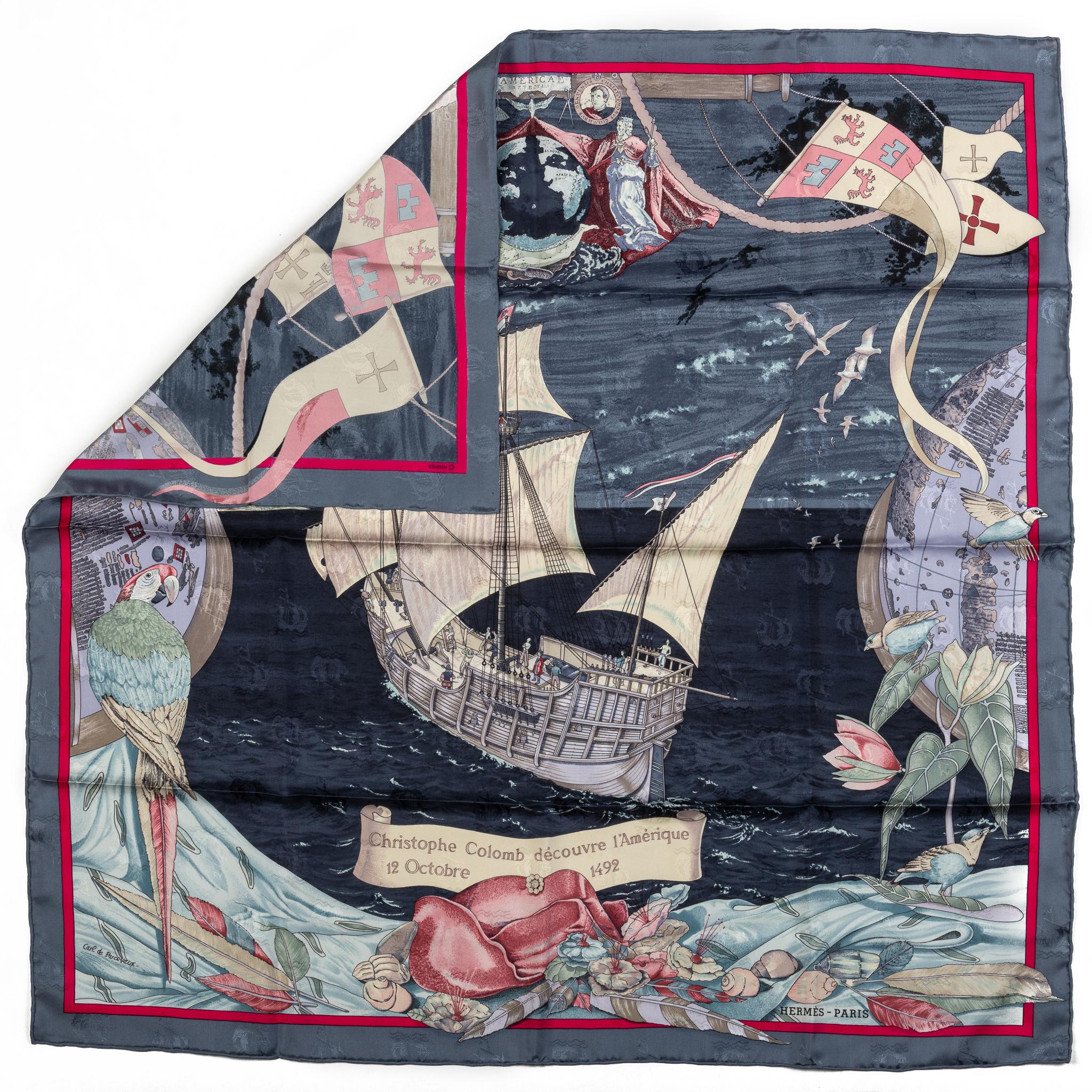 Hermes Colombe ship silk scarf in blue and gray. Hand rolled edges. No box included.