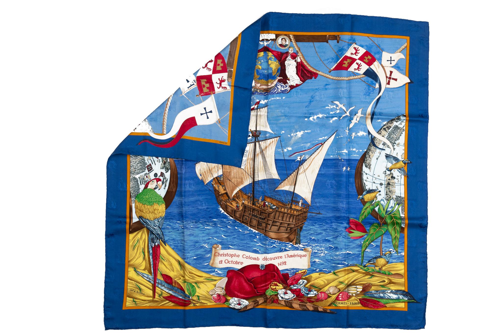 Hermes Colombe ship silk scarf in blue and red. Hand rolled edges. No box included.