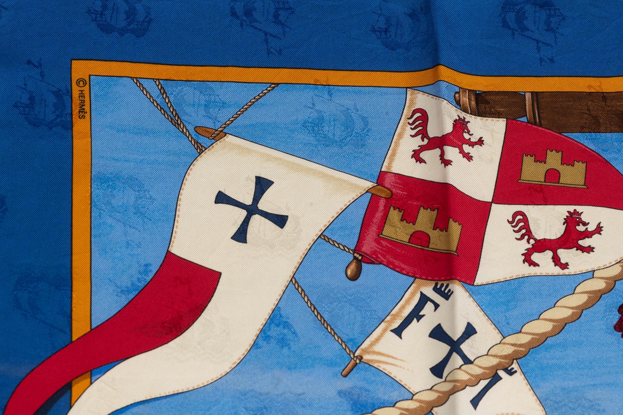 Hermes Colombe Ship Blue Silk Scarf For Sale 1