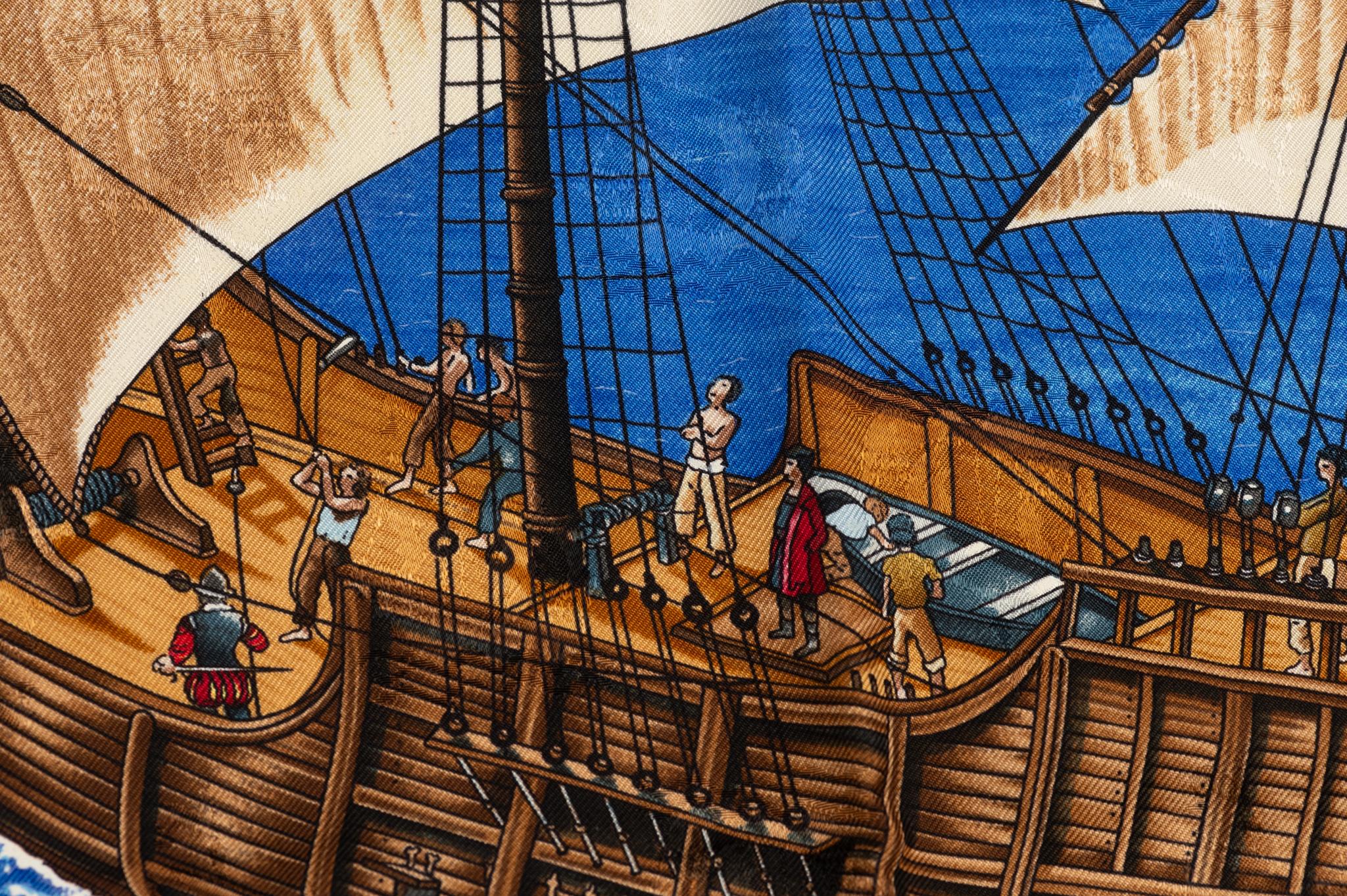 Hermes Colombe Ship Blue Silk Scarf For Sale 2