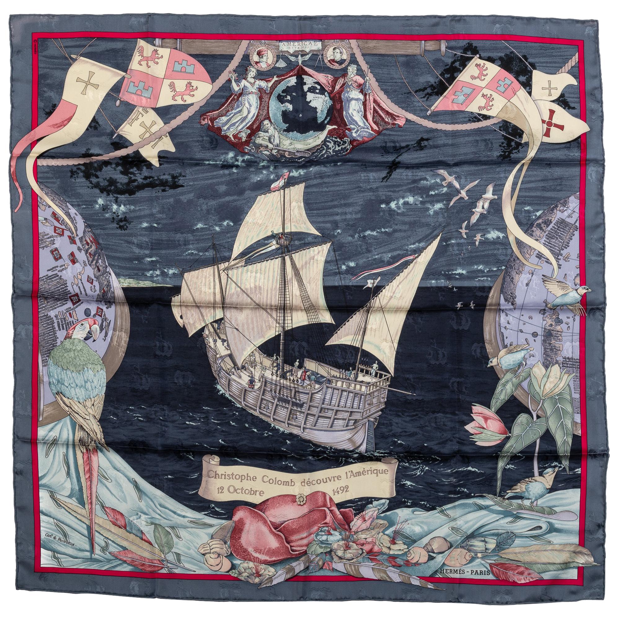 Hermes Colombe Ship Blue Silk Scarf For Sale