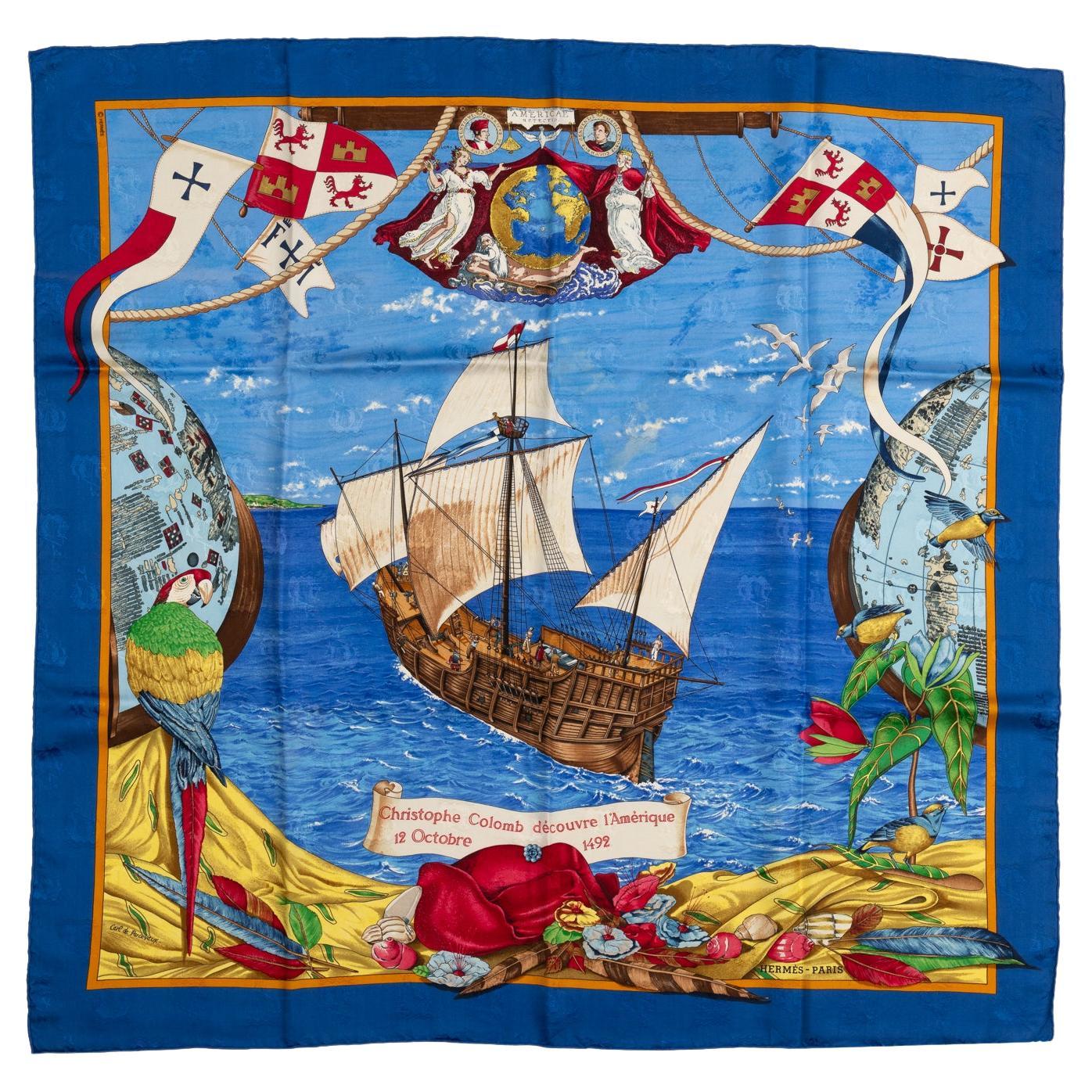 Hermes Colombe Ship Blue Silk Scarf For Sale