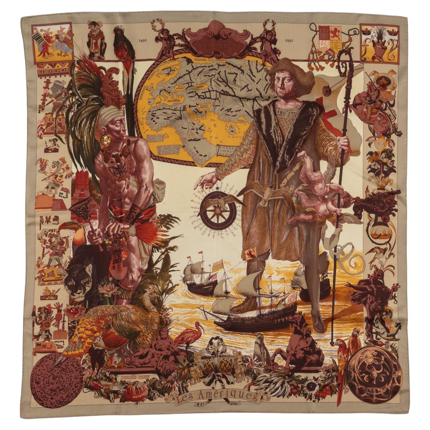Sciarpa in seta Hermès "Colombus" color taupe