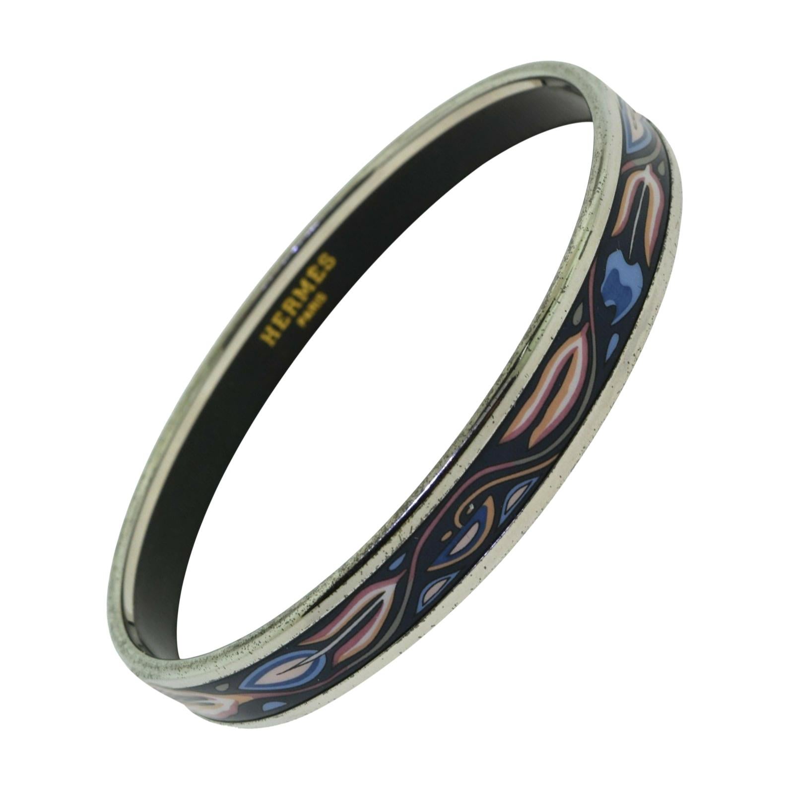 Hermès Colorful Black Pink and Blue Printed Enamel Narrow Thin Bracelet