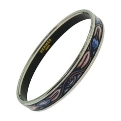 Hermès Colorful Black Pink and Blue Printed Enamel Narrow Thin Bracelet