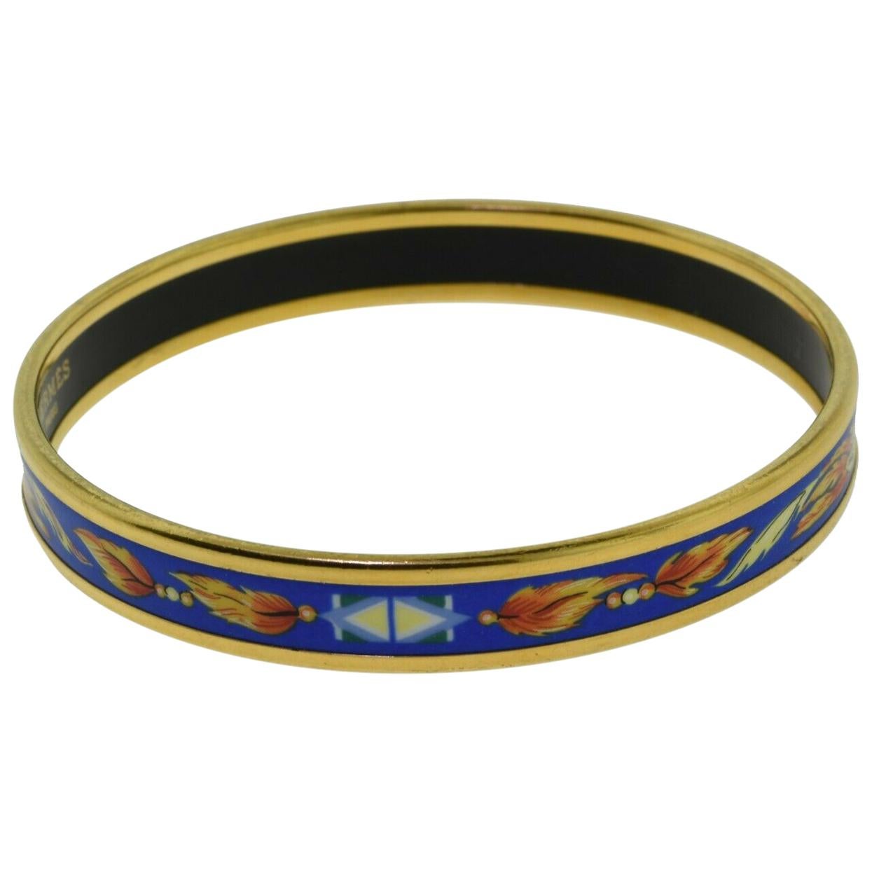 Hermès Colorful Blue Orange Brazil Printed Enamel Narrow Thin Gold Bracelet