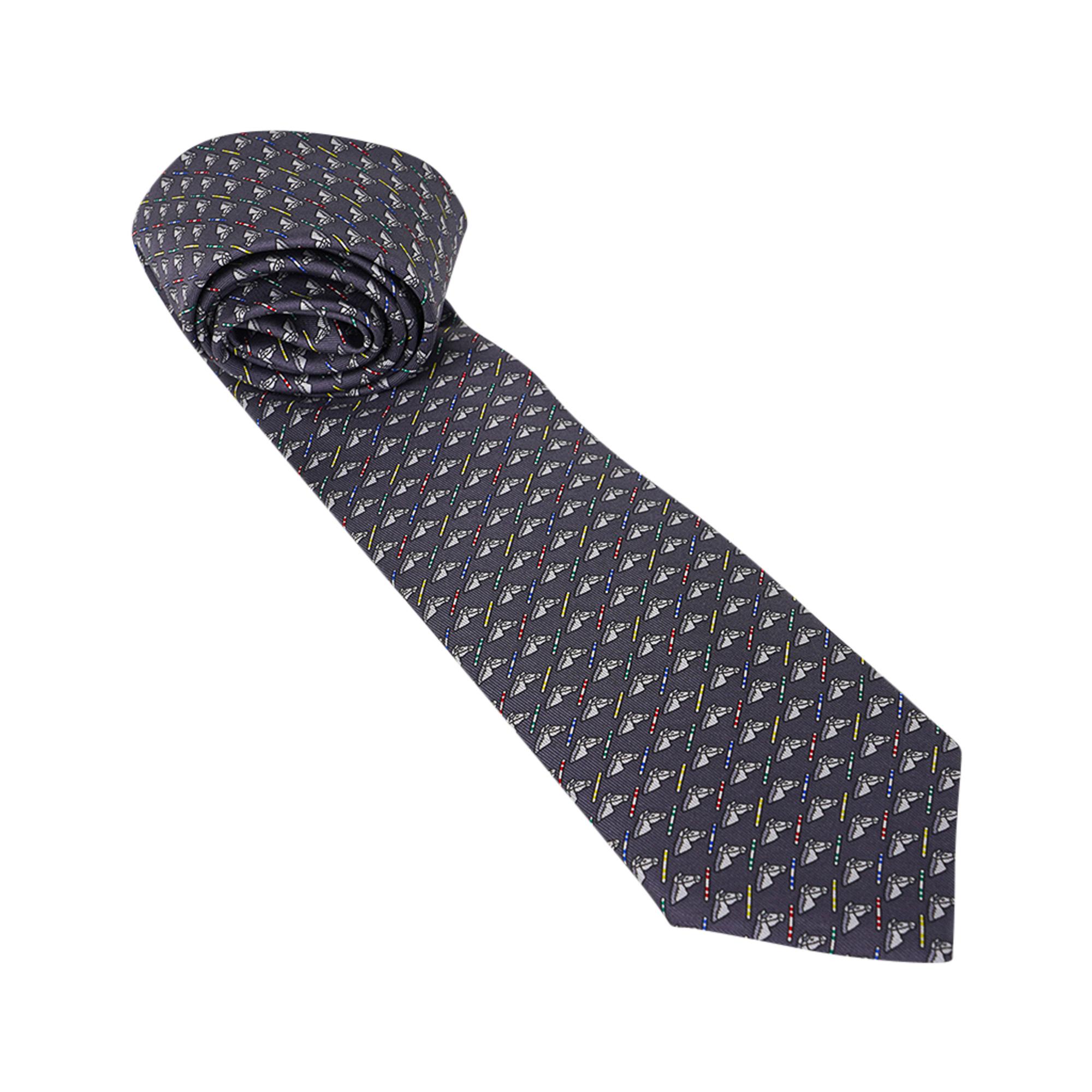 Uomo Cravatta Hermes Colorful Jump Antracite / Gris Clair Silk Twill in vendita