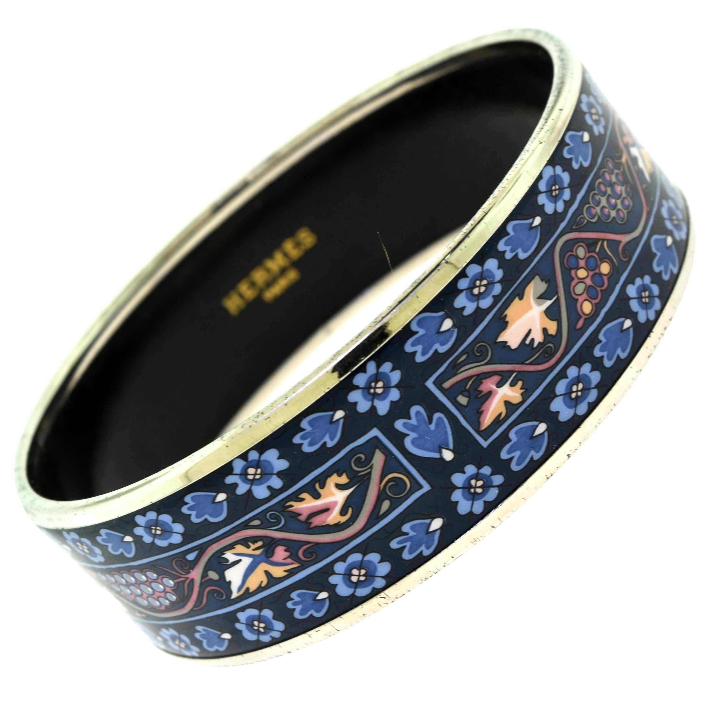 Hermès Colorful Patterned Wide Bangle Bracelet, Printed Color Blue Enamel
