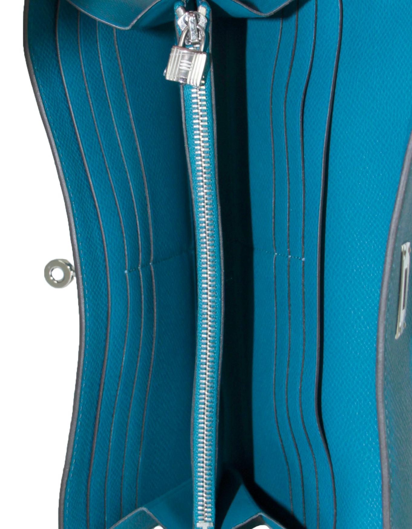 Hermes Colvert Blue Epsom Leather Kelly Longue Wallet w/ Palladium For Sale 1